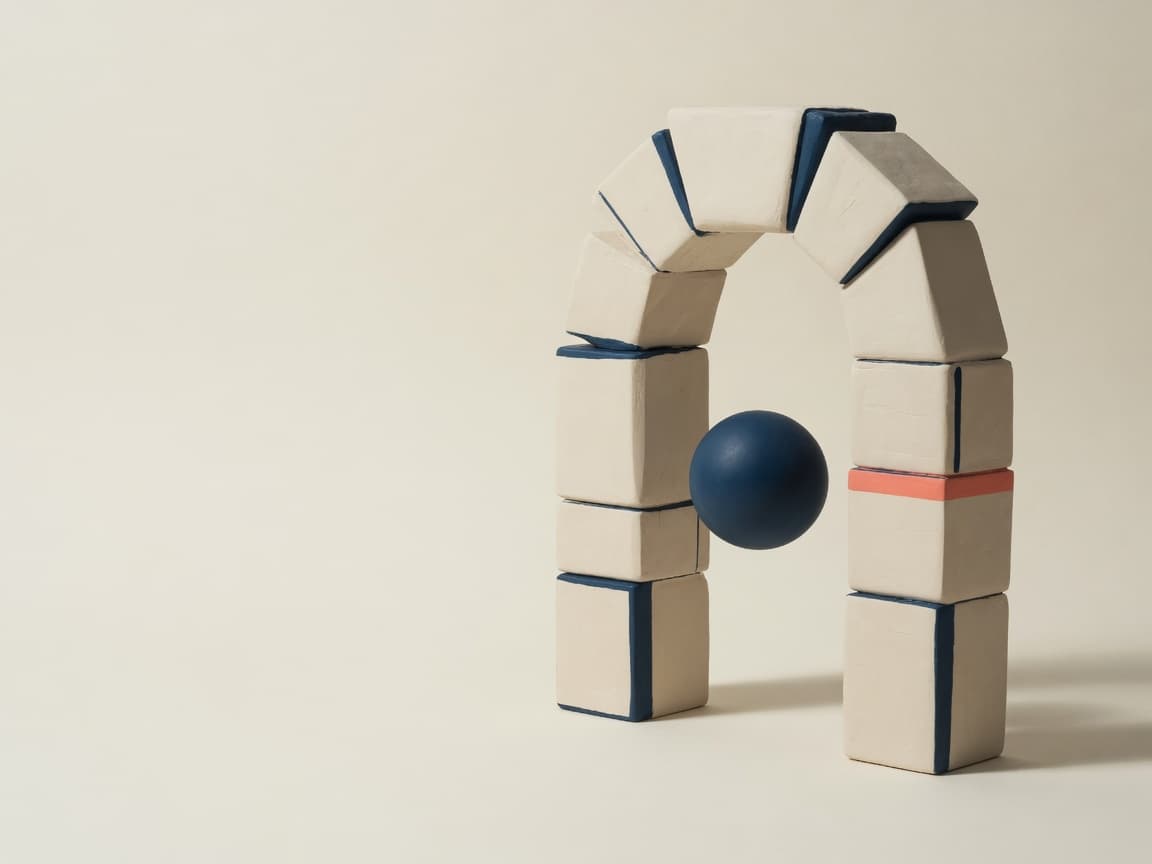 A sculptural arch of stacked blocks with a sphere passing through it